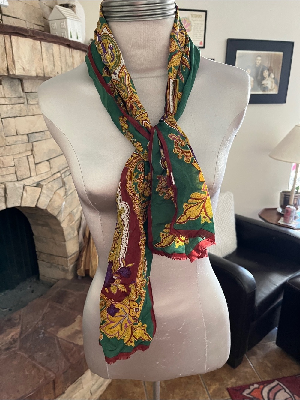 Vintage Oscar De La Renta Green & Burgundy Paisley Scarf